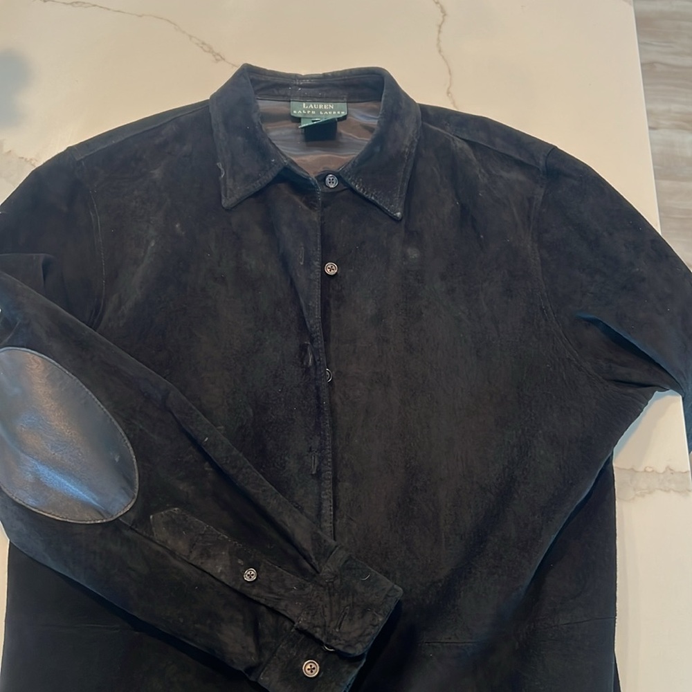 LAUREN RALPH LAUREN vintage black suede shirt jacket, elbow patches, men’s large
